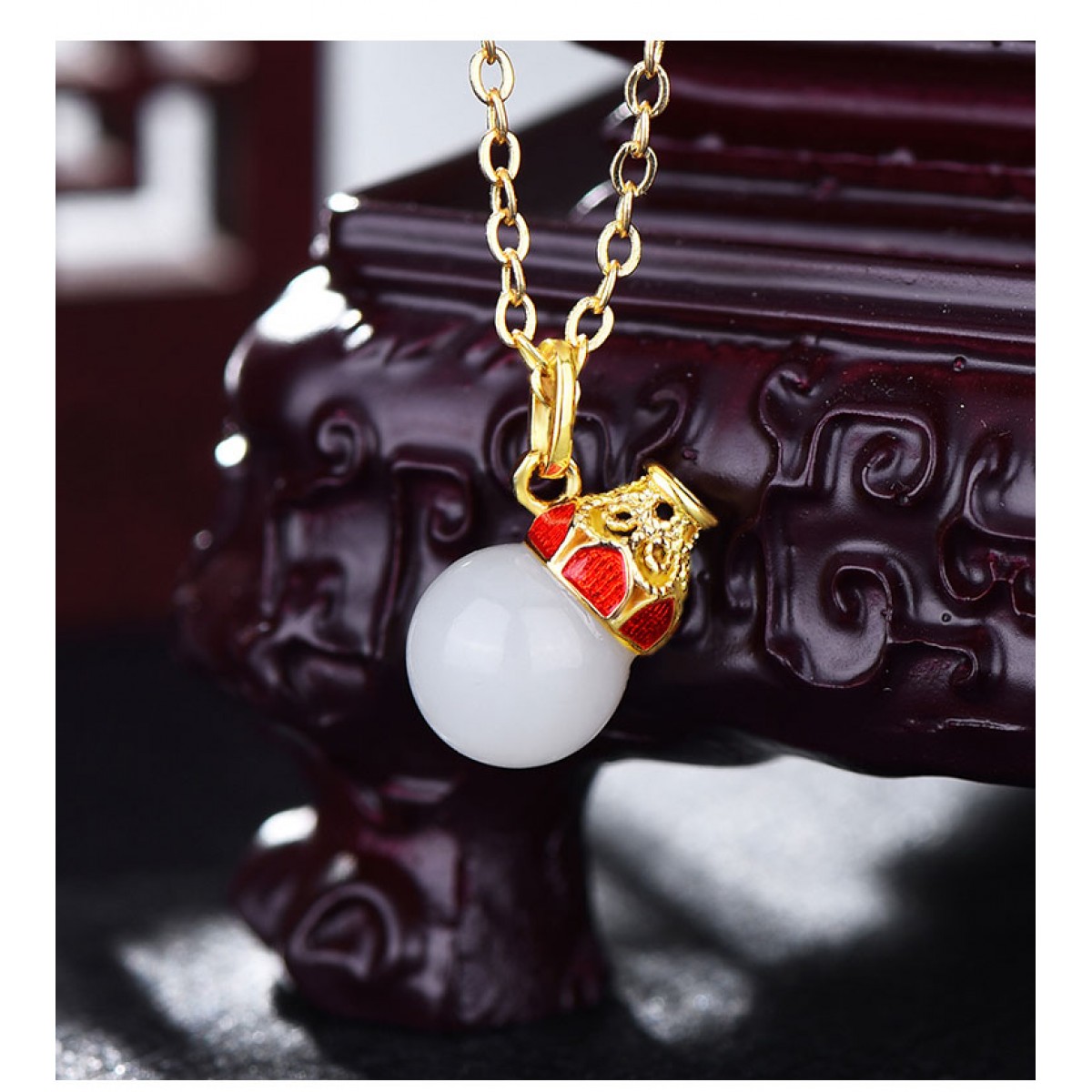 中国黄金  天然和田白玉<珐琅小葫芦>宝葫芦项链SK21657