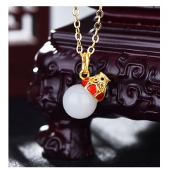 中国黄金  天然和田白玉<珐琅小葫芦>宝葫芦项链SK21657